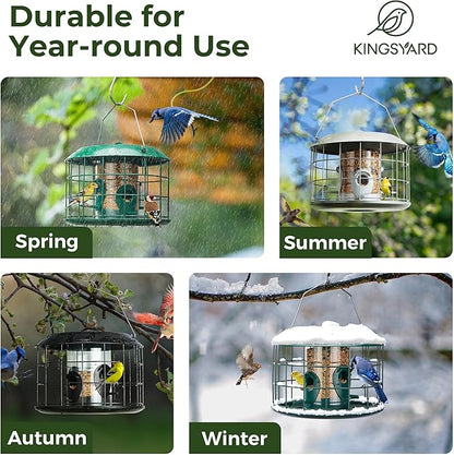 Kingsyard Mesh Caged Bird Feeders for Outdoor Hanging, Tube Squirrel Proof Bird Feeders with Seed Tray for Small Birds Finches Bluebird, Rain Proof Covered, 4 Feeding Ports, Green