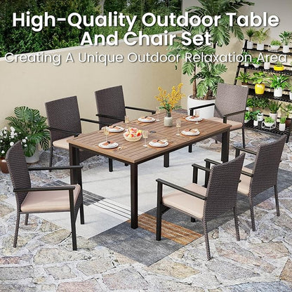 PHI VILLA 7 Pieces Patio Dining Set for 6, 65” Wood-Like Metal Steel Dining Table & Rattan Wicker Chairs with Cushions, Large Dining Furniture Set for Outdoor Deck, Yard, Porch