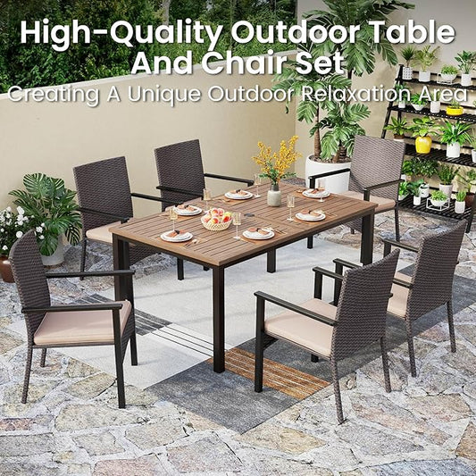 PHI VILLA 7 Pieces Patio Dining Set for 6, 65” Wood-Like Metal Steel Dining Table & Rattan Wicker Chairs with Cushions, Large Dining Furniture Set for Outdoor Deck, Yard, Porch