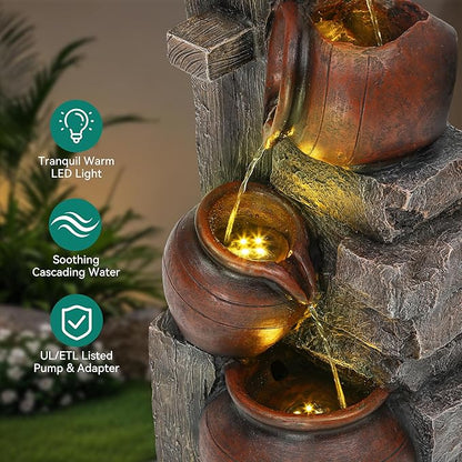 31.5" H Outdoor Water Fountain with LED Lights and Pump, Cascading Pitchers Farmhouse Garden Fountain Waterfall for Patio, Porch, or Yard