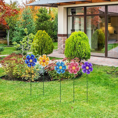 Metal Flower Wind Spinner Garden Lawn Stakes Yard Art, 27 Inch Windmill Outdoor Garden Iron Handicraft Lawn Ornament, Outside Front Metal Yard Art Decor, 5 pieces Outdoor Front Porch Patio Decorations