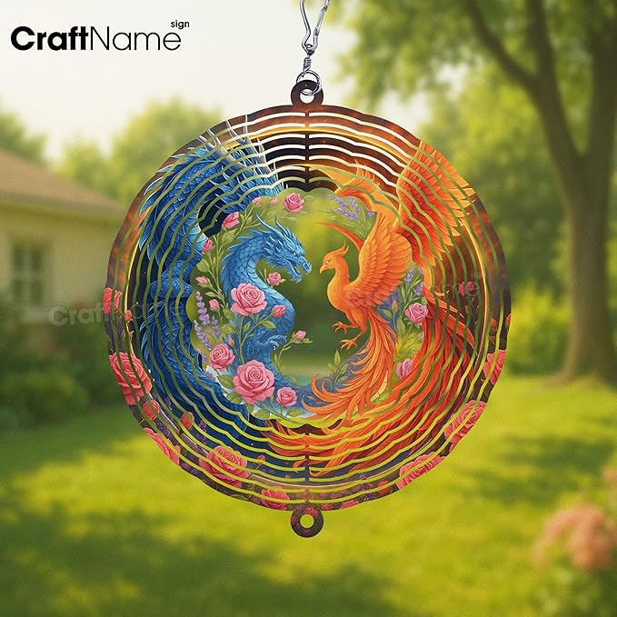 Personalized Dragon & Phoenix Wind Spinner 3D Stainless Steel, Dragon Garden Spinner Hanging Outdoor Decor, Wind Spinners Outdoor, Custom Gift for Grandmother, Mom, Wife