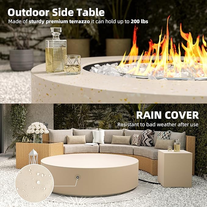 UPHA 42-inch Outdoor Propane Gas Fire Pit Table 50000 BTU Concrete Round FirePit for Outside Patio with Propane Tank Cover, White Glass Rocks, Rain Cover,Beige