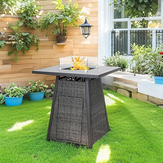 36 Inch Outdoor Propane Fire Pit Table 50,000 BTU – High Top Square Gas Fire Pit with Glass Wind Guard, Wicker Rattan Base for Patio & Backyard, Includes Rain Cover & Glass Beads
