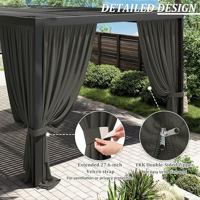 Gazebo Universal Replacement Privacy Curtain,12'×20' Gazebo Outdoor Waterproof Curtains, 4-Panels Sidewall Curtains with Double Zipper for Patio Canopy, Garden and Backyard (Curtain Only)
