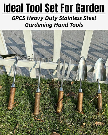 Garden Tool Set, 6PCS Heavy Duty Stainless Steel Gardening Hand Tools with Ropes, Includes Trowel, Transplanter, 2-in-1 Hoe, Pruner & More, Ideal Gardening Gift for Man and Woman (Standard Packaging)