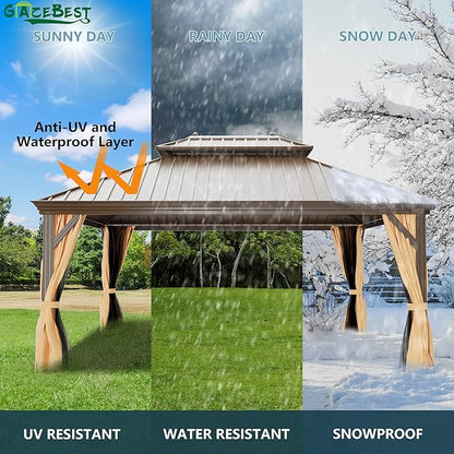 12'x16' Hardtop Gazebo, Outdoor Aluminum Patio Gazebo Double Roof Galvanized Steel Canopy with Netting and Curtains,for Garden, Patio, Backyard, Deck and Lawns.