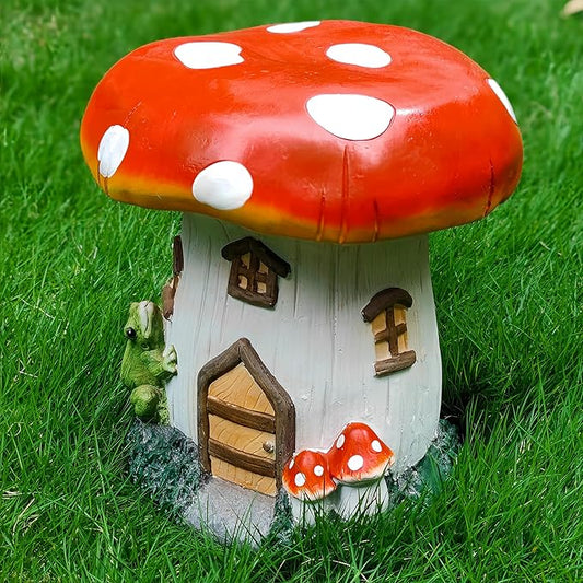 14''H Mushroom House Statue Outdoor Statues Garden Resin Stool Over Sized Sculpture Fairy Forest Pedestal Spring Decor for Home Courtyard Lawn Patio Summer Ornament Indoor Stool