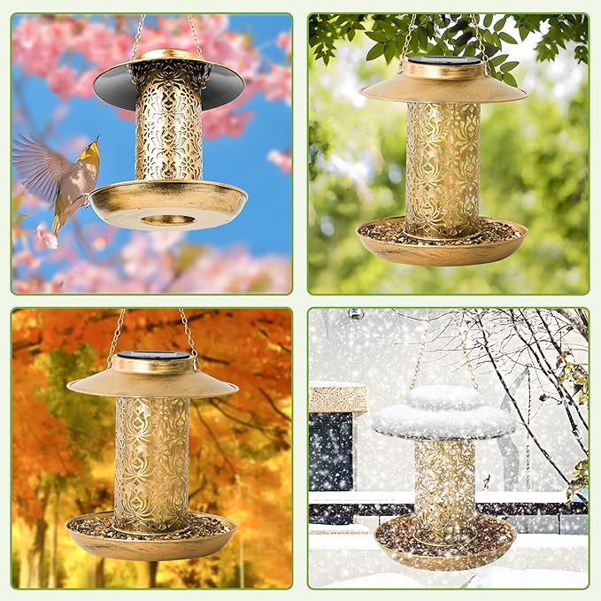 XDW-GIFTS Bird Feeder for Outdoors Solar Hanging Bird Feeder Bird House with Cardinal Feeder Large Capacity Metal Wild Bird Feeder for Garden Decor Unique Gifts & Patio Decor (Bronze, 8 INCH)