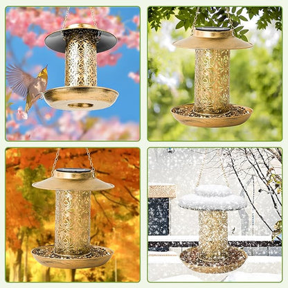 XDW-GIFTS Bird Feeder for Outdoors Solar Hanging Bird Feeder Bird House with Cardinal Feeder Large Capacity Metal Wild Bird Feeder for Garden Decor Unique Gifts & Patio Decor (Bronze, 8 INCH)