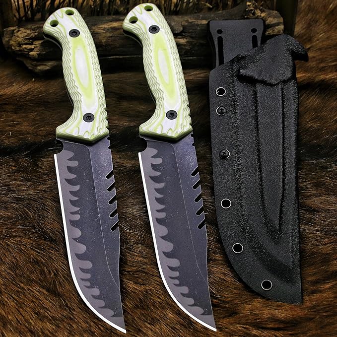 BA-KOR 12.4in Full Tang Fixed Blade Hunting Knife – 6mm 9CR18MoV Steel, G10 Handle, Stonewashed Sawback Blade with Kydex Sheath & Fire Starter for Outdoor, Camping, Survival (White with light green stripes)
