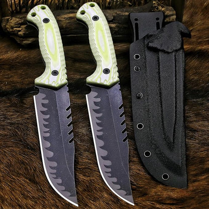BA-KOR 12.4in Full Tang Fixed Blade Hunting Knife – 6mm 9CR18MoV Steel, G10 Handle, Stonewashed Sawback Blade with Kydex Sheath & Fire Starter for Outdoor, Camping, Survival (White with light green stripes)