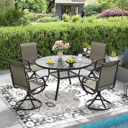 DIFY 5 Pieces Outdoor Patio Dining Set, 4 Brown Textilene Swivel Dining Chairs and 40.6" Black Round Metal Dining Table, Outdoor Table and Chairs