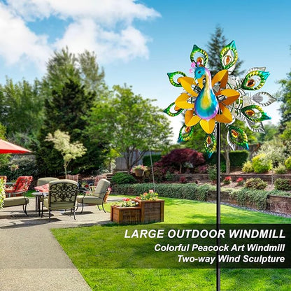 Outdoor Peacock Wind Spinners Featuring Glittering Gem Decor, 13.5" D x 65" H Double Layer Kinetic Wind Sculptures, 360° Rotatable Metal Garden Wind Spinners for Yard and Outdoor Decor Blue