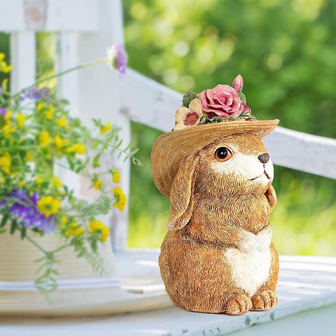 Garden Statues Rabbit with Hat, Bunny Statue Outdoor Decorations for Front Porch Decor Lawn- Yard Art and Garden Decor & Patio Decor, Unique Gardening Gifts for Mom