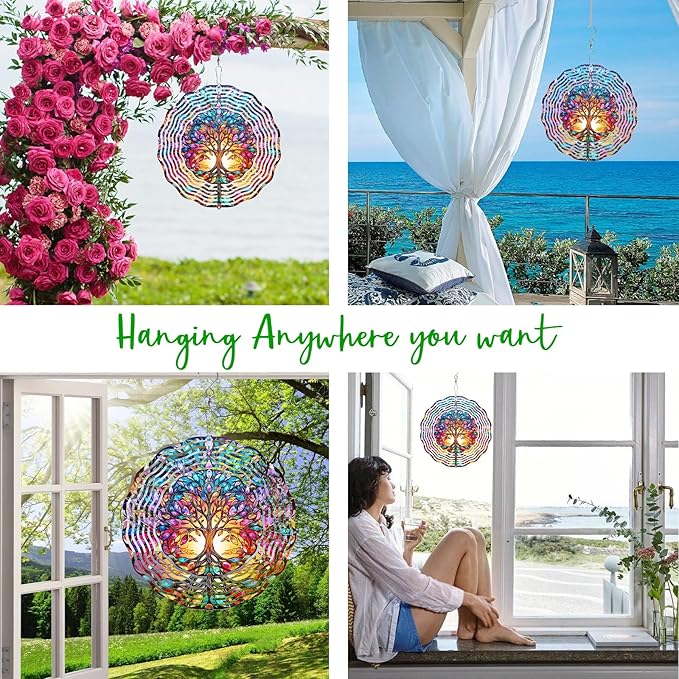 Tree of Life Wind Spinner,3D Stainless Steel Wind Spinner for Yard and Garden 3D Frosted Tree of Life Wind Sculptures Garden Decoration Crafts Ornaments 10Inch