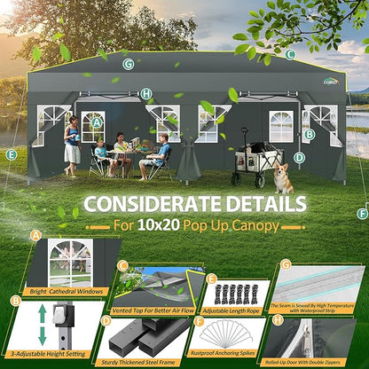 COBIZI 10x20 Pop Up Canopy with 6 Sidewalls One Push Setup Outdoor Event Shelter Waterproof UPF 50+ Gazebo Tent with Carry Bag,Air Vent,Sandbag for Commercial, Wedding, Party,Grey