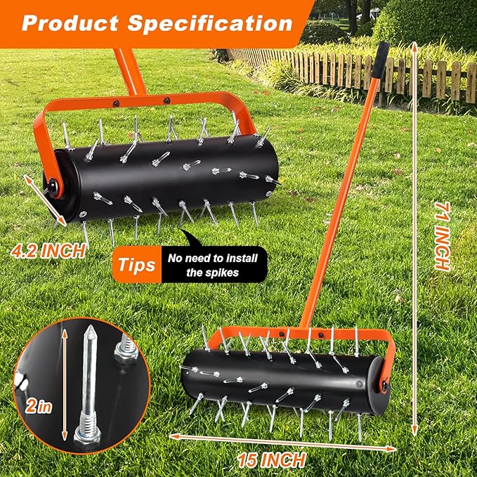 Rolling Lawn Aerator, Heavy Duty Hand Manual Spike Roller with 42 Spikes, Aerator Tool with 71" Adjustable Handle, Pre-Attached Spike Soil Push Lawn Aeration for Garden Yard Patio