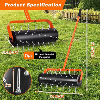 Rolling Lawn Aerator, Heavy Duty Hand Manual Spike Roller with 42 Spikes, Aerator Tool with 71" Adjustable Handle, Pre-Attached Spike Soil Push Lawn Aeration for Garden Yard Patio