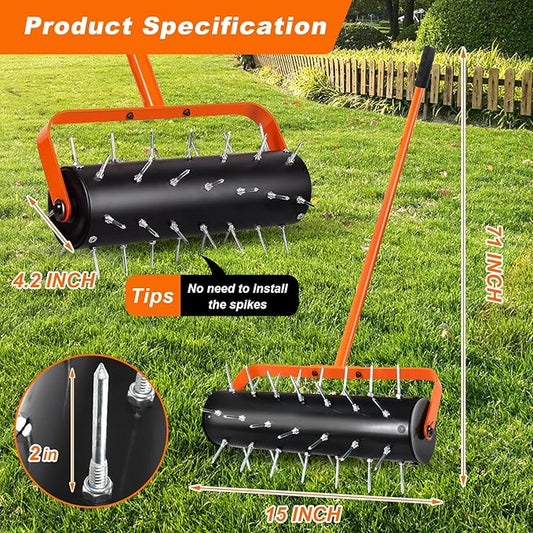 Rolling Lawn Aerator, Heavy Duty Hand Manual Spike Roller with 42 Spikes, Aerator Tool with 71" Adjustable Handle, Pre-Attached Spike Soil Push Lawn Aeration for Garden Yard Patio