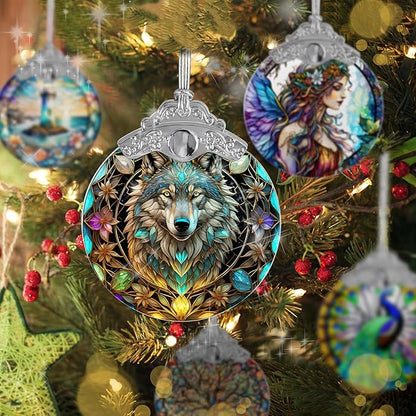 Stained Glass Suncatcher Hanging Ornament, Wolf Decor for Home, Christmas Ornament