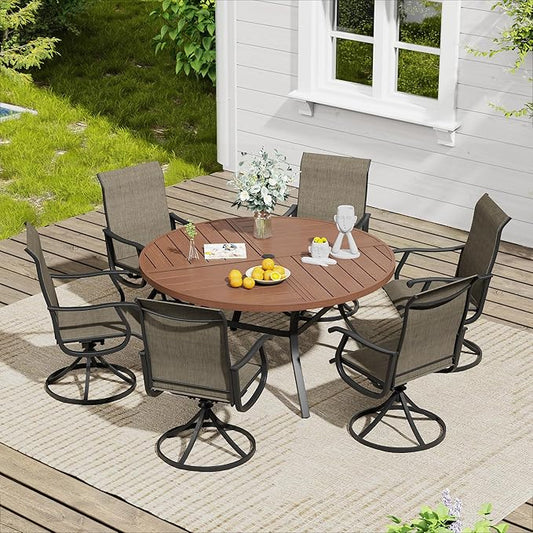 VICLLAX 7 Pieces Outdoor Dining Set, Patio Furniture Set of 6 Patio Swivel Dining Chairs and 50" Patio Spliced Round Tabletop, Mixed Brown Chairs & Walnut Tabletop