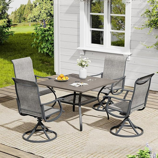 VICLLAX 5 Pieces Outdoor Dining Set, Patio Furniture Set of 4 Patio Swivel Dining Chairs and Square Patio Table with Storage Shelf for Backyard Lawn Garden, Grey Chairs & Antique Grey Tabletop
