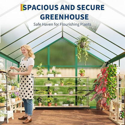 6x10 ft Greenhouse for Outdoors, Polycarbonate Greenhouse with Roof Vent, Ground Nails, Lockable Push Door, Aluminum Large Walk-in Green House for Outside Garden Backyard, Patio, Lawn, Green