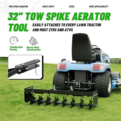 32 in Tow Behind Spike Aerator W/ 8 Spikes, Hitch Pin Attach to Lawn Tractor, Most ZTRs, ATVs Soil Mower Hitch, Lawn Soil Penetrator for Gardens, Lawns, Farms