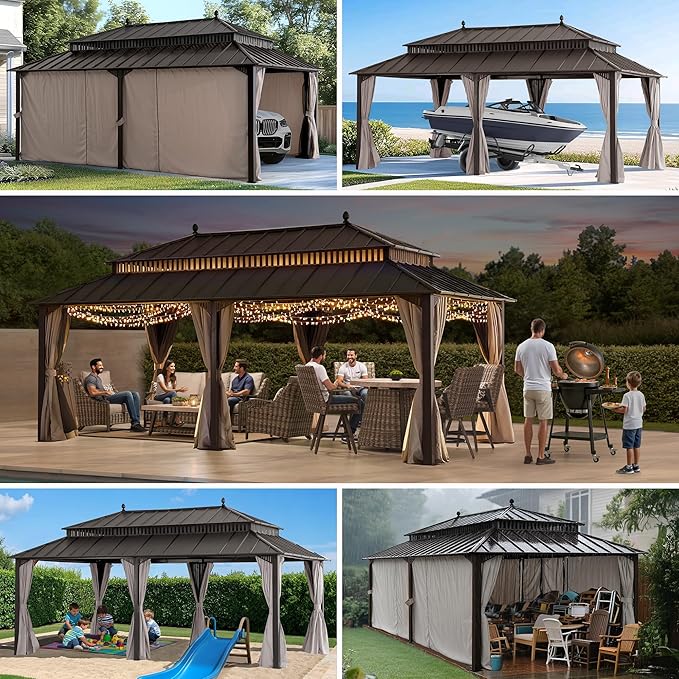 SUNJOY Kingston 20' x 12' Hardtop Gazebo with Galvanized Steel Double Roof, Curtain and Netting, Brown Aluminum Posts Permanent Pavilion Gazebo for Garden, Patio, Deck, Lawn