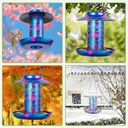 XDW-GIFTS Bird Feeder for Outdoors Solar Hanging Bird Feeder Bird House with Cardinal Feeder Large Capacity Metal Wild Bird Feeder for Garden Decor Unique Gifts & Patio Decor (Blue, 8 INCH)