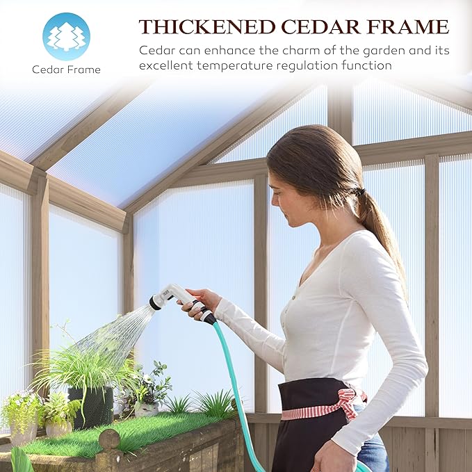 8x14 FT Outdoor Greenhouse Kit, Wooden Greenhouses for Outdoors Walk-in Green House with 6MM Thick Polycarbonate Panel & Adjustable Roof Vents, Backyard Garden, Light Mocha Brown