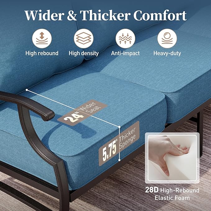 6 Piece Metal Outdoor Patio Furniture Set, Patio Conversation Sets 1 3-Seater Sofa, 4 Fixed Chairs with 5.75" Thick Cushion and Coffee Table, Backyard Furniture Set for Deck, Navy