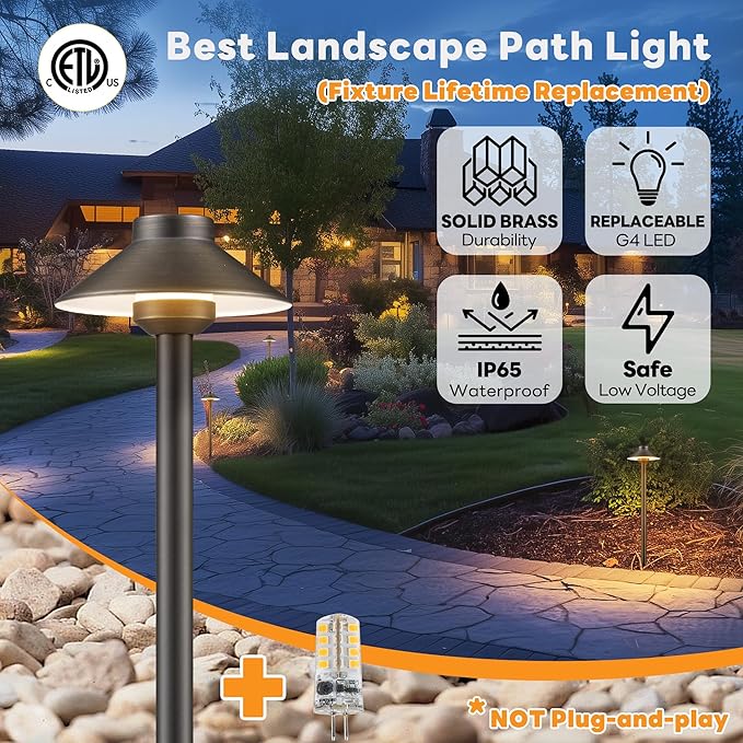 Gardenreet Solid Brass Pathway Light - 12v Landscape Path Lights Outdoor Waterproof, Electric Walkway Lamp Wired, Hat Shape Antique Bronze Garden Decoration with 3W 270LM 2700K G4 Bulb (12 Pack)