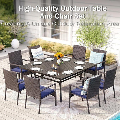 PHI VILLA 9 Pieces Square Outdoor Dining Set for 8, Large Metal Dining Table & Rattan Wicker Chairs with Cushions, Dining Furniture Set for Patio, Deck, Yard, Porch