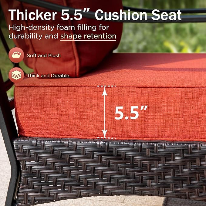 PHI VILLA Outdoor Modern Patio Furniture Set, Upgraded Wicker&Metal Patio Furniture Conversation Set with Waterproof Thick Cushions for Porch, Poolside, Deck, and Yard (5 Pieces,Red)
