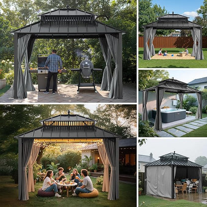 SUNJOY Kingston 12' x 10' Hardtop Gazebo with Galvanized Steel Double Roof, Curtain and Netting, Gray Aluminum Posts Permanent Pavilion Gazebo for Garden, Patio, Deck, Lawn