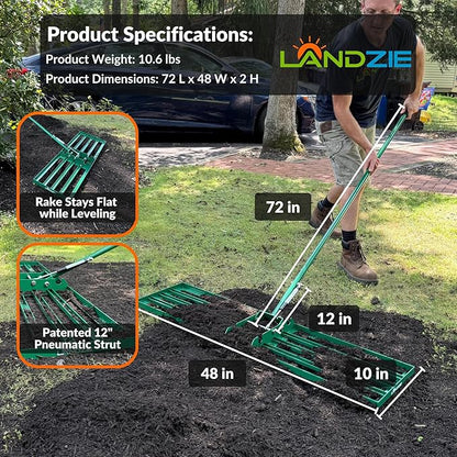 Landzie AeroLeveler - The Lawn Leveling Rake That Never Flips - Patented 48" inch Wide Pneumatic Lawn Level for Yard, Dirt, Soil, Sand, Provides Stability and Control (Pneumatic 48" Leveling rake)