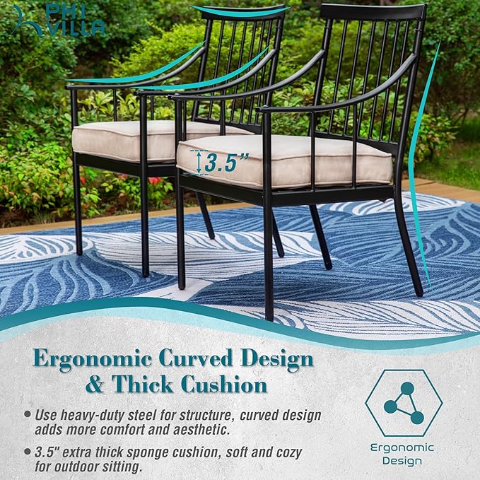 PHI VILLA 9 Pieces Outdoor Dining Set for 8, 60” Square Wrought Iron Dining Table & Heavy-Duty Steel Chairs with Cushions, Large Dining Furniture Set for Patio, Deck, Yard, Porch