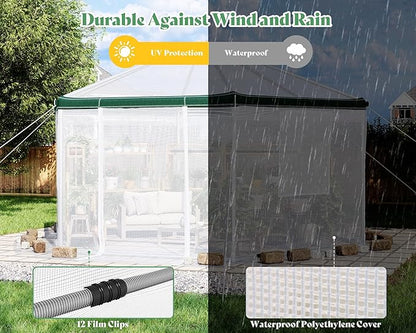 AMERLIFE 13.5x13.5x9 FT Hexagonal Walk-in Greenhouse for Outdoors, Heavy-Duty Greenhouse with Windbreak Ropes, Waterproof PE Cover, Ground Stakes, Tunnel Green House for Garden, White/Green