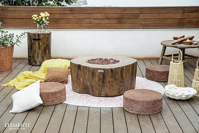 Elementi | Manchester Gas Fire Pit Cast Concrete Semi-Round Fire Table, Outdoor Fire Pit Electronic Ignition | Canvas Cover, Lava Rock Included | Red Wood (Propane Gas)