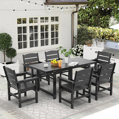 7-Piece HIPS Patio Dining Set, Outdoor Dining Table and Chairs Set with Umbrella Hole, Weatherproof Dining Table Set for 6 Person, Patio Furniture Set for Outside Deck, Black