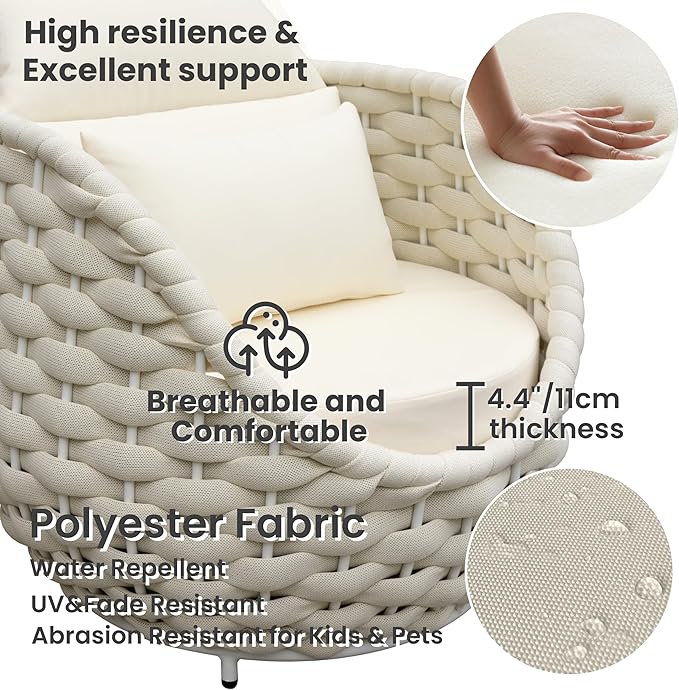 Patio Accent Chairs Set of 4: Aluminum Porch Lounge Chair with Arms - Woven Rope Cushioned Armchair - Modern One Seater Sofa - Outdoor Deck Furniture for 400lbs Balcony Yard Garden Hotel, Beige