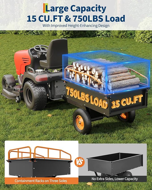 GarveeLife Heavy Duty ATV Trailer Steel Dump Cart, 750 LBS 15 Cubic Feet, Garden Utility with Removable Sides for Riding Lawn Mower Tractor