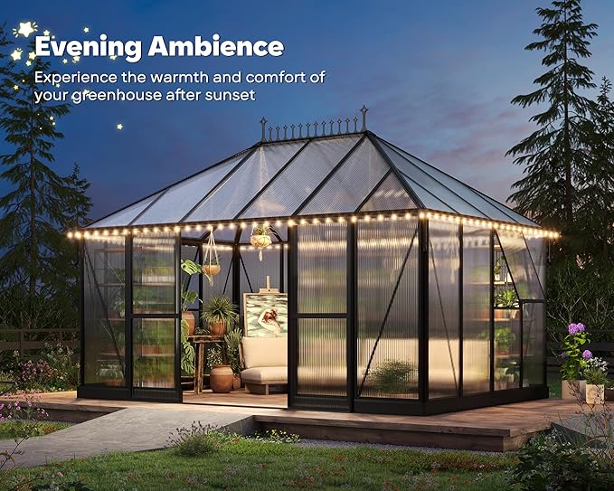 14×9.7×10 FT Outdoor Polycarbonate Greenhouse with 6 ft Double Swing Door & 2 Vents, Heavy Duty Green House with Aluminum Frame for Outside Patio Backyard Garden