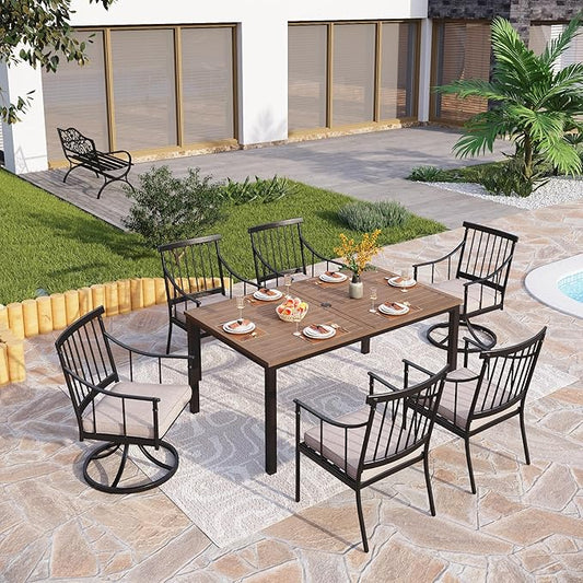 PHI VILLA 7 Pieces Outdoor Dining Set for 6, 65” Wood-Like Metal Rectangle Dining Table & Swivel Chairs with Cushions, Large Modern Dining Furniture Set for Patio, Deck, Porch, Backyard