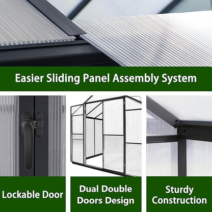 MUPATER 8 x16 FT Outdoor Walk-in Backyard Green House Kit with Sliding Lockable Door for Outdoor, Polycarbonate Greenhouse with Aluminum Frame & Adjustable Roof Vent, Garden, Patio, Lawn, Gray