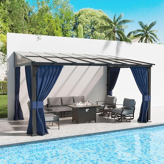 Kullavik 10' × 14' Hardtop Gazebo for Patio,Wall-Mounted Lean to Gazebo Pergola with Sloping Roof and Durable Aluminum Frame,Large Heavy Duty Awnings for Decks,Backyard,NavyBlue