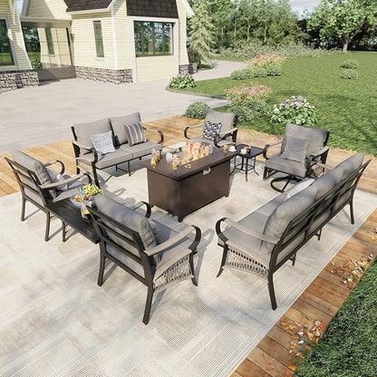 9 Pieces Patio Conversation Sets, All Weather Metal Outdoor Furniture Set, 3-Seater, 2 Swivel Rockers, 2 Single Chairs, 1 Loveseat, 1 Side Tables, 1 Coffee Table, 1 Fire Pit Table for Backyard, Gray