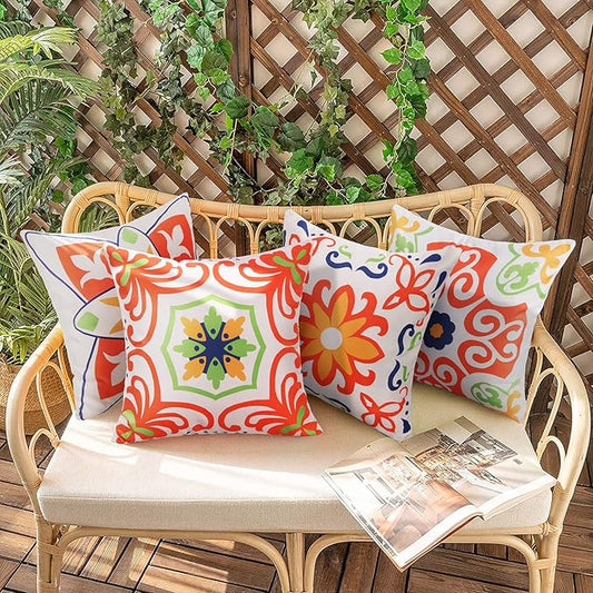 Pyonic Outdoor Waterproof Throw Pillow Covers for Patio Furniture Decorative Boho Pillow Covers 18x18 Floral Printed for Patio Tent Couch Garden Set of 4,Orange